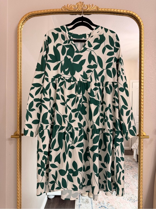 SHEIN Tops - SHEIN Green and White Floral Tiered Long Sleeve Blouse